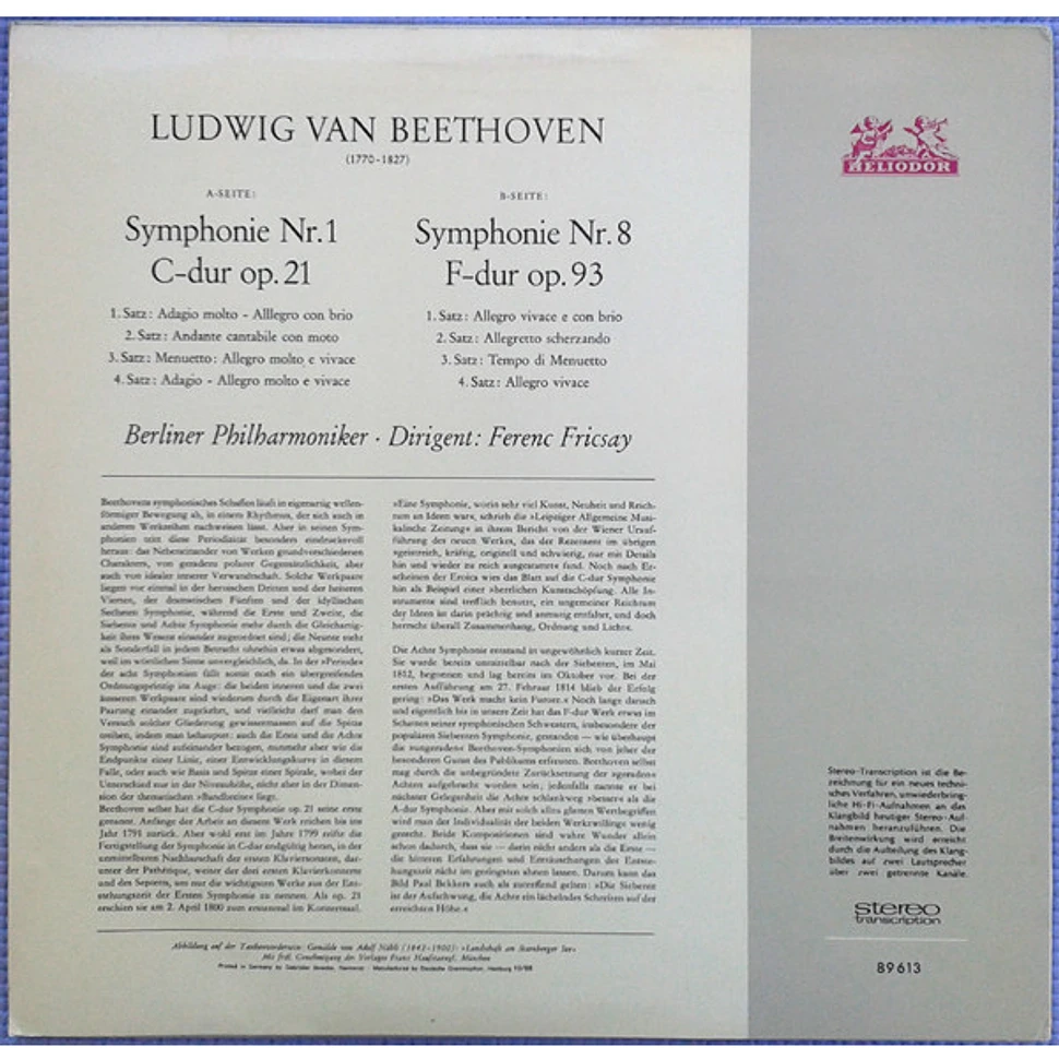 Ludwig van Beethoven, Berliner Philharmoniker, Ferenc Fricsay - Symphonien Nr.1 C-dur · Nr.8 F-dur