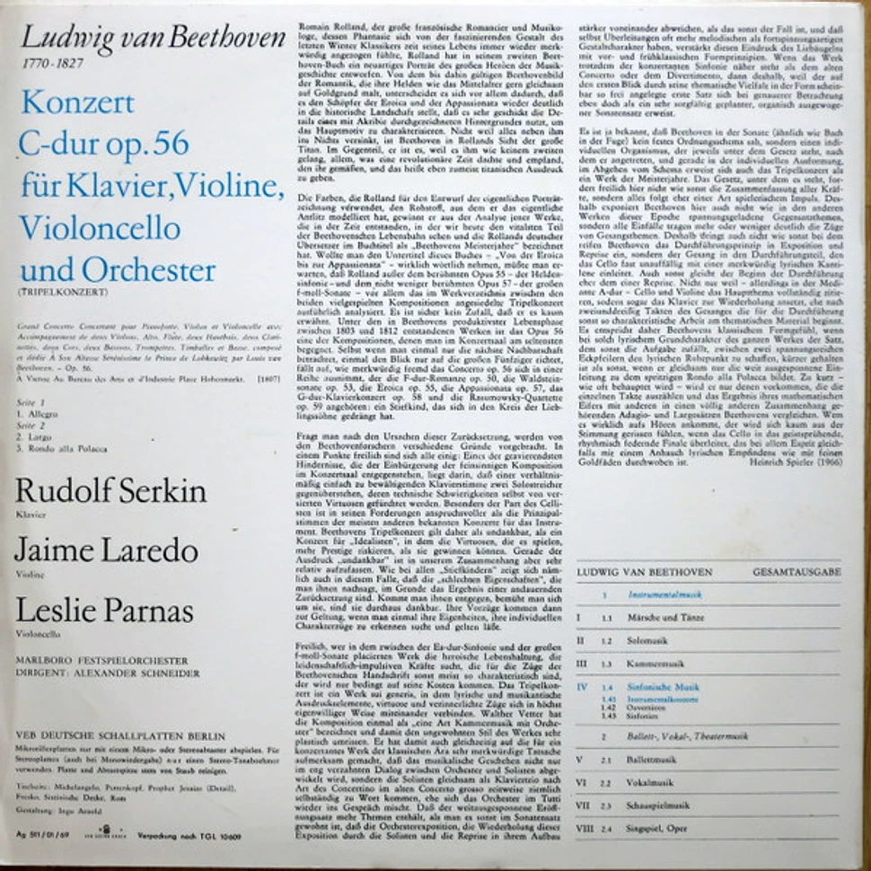 Ludwig van Beethoven, Rudolf Serkin, Jaime Laredo, Leslie Parnas - Konzert Für Klavier, Violine, Violoncello Und Orchester C-dur Op. 56