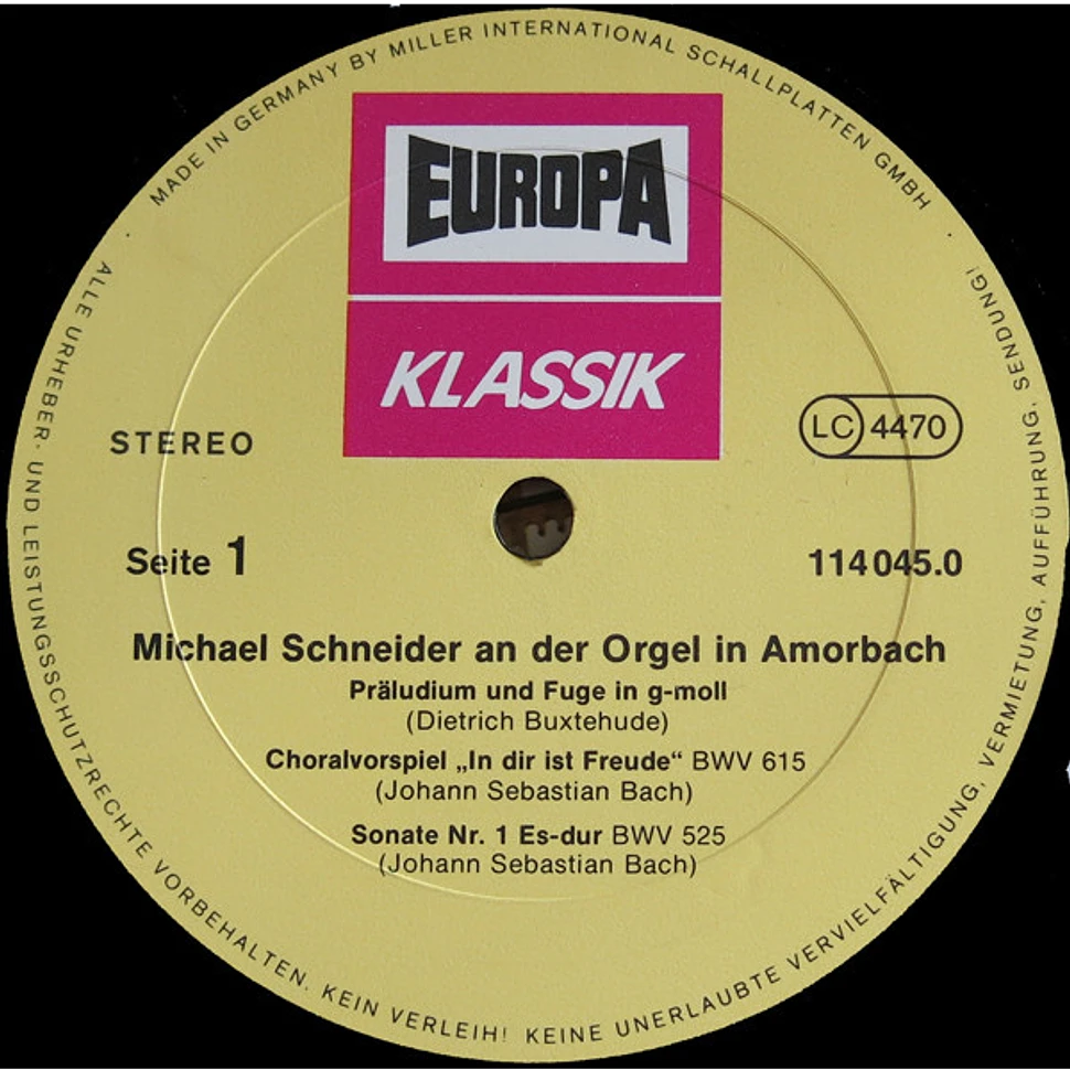 Dieterich Buxtehude, Johann Sebastian Bach, Johann Pachelbel ; Michael Schneider - Michael Schneider An Der Orgel In Amorbach (Werke Von Buxtehude Bach Pachelbel)