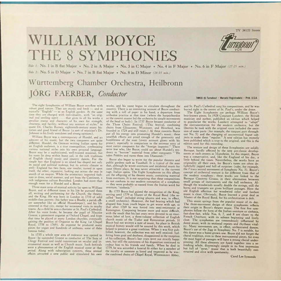 William Boyce, Jörg Faerber, Württembergisches Kammerorchester - The 8 Symphonies