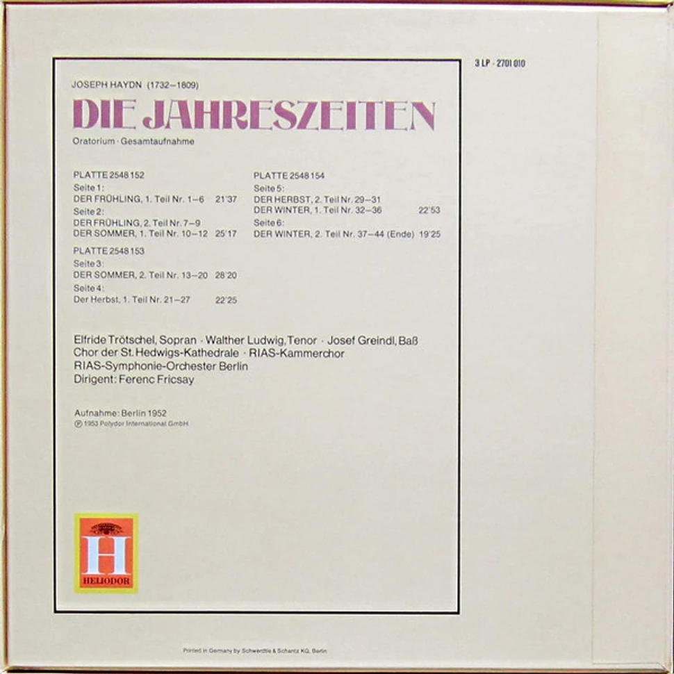 Joseph Haydn - Elfride Trötschel • Walther Ludwig • Josef Greindl • RIAS-Kammerchor, Chor Der St. Hedwigs-Kathedrale Berlin, RIAS Symphonie-Orchester Berlin, Ferenc Fricsay - Die Jahreszeiten (Gesamtaufnahme)