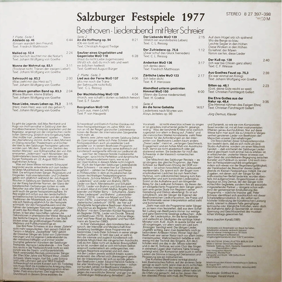 Ludwig van Beethoven, Peter Schreier, Jörg Demus - BeethovenLabel sleeve.iederabend (Salzburger Festspiele 1977)