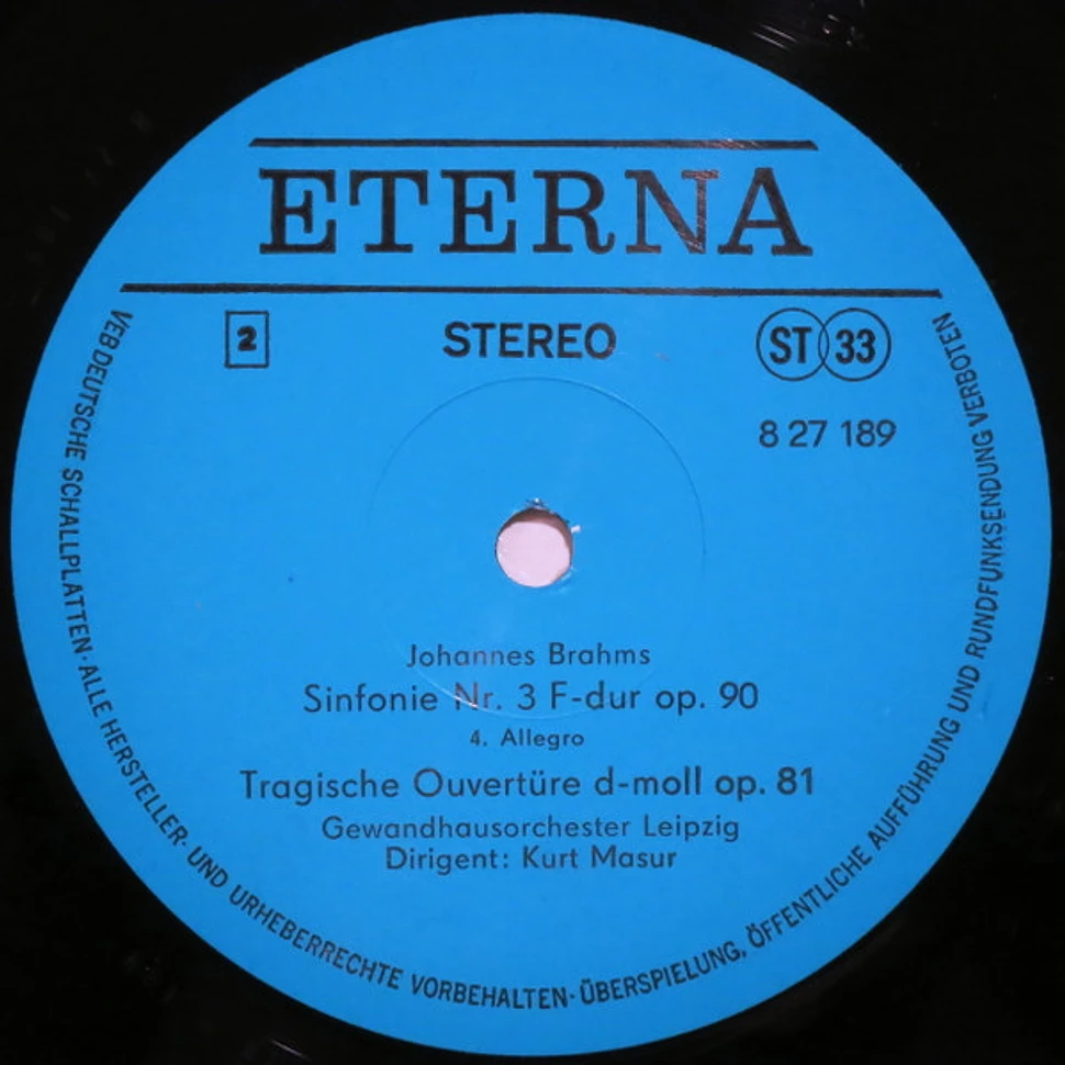 Johannes Brahms, Gewandhausorchester Leipzig, Kurt Masur - Sinfonie Nr. 3 F-dur Op. 90 / Tragische Ouvertüre Op. 81