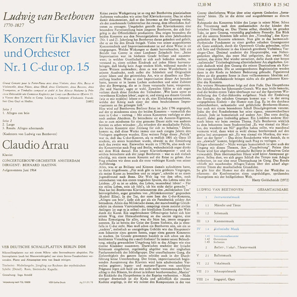 Ludwig van Beethoven, Claudio Arrau, Concertgebouworkest, Bernard Haitink - Konzert Für Klavier Und Orchester Nr. 1 C-dur Op. 15