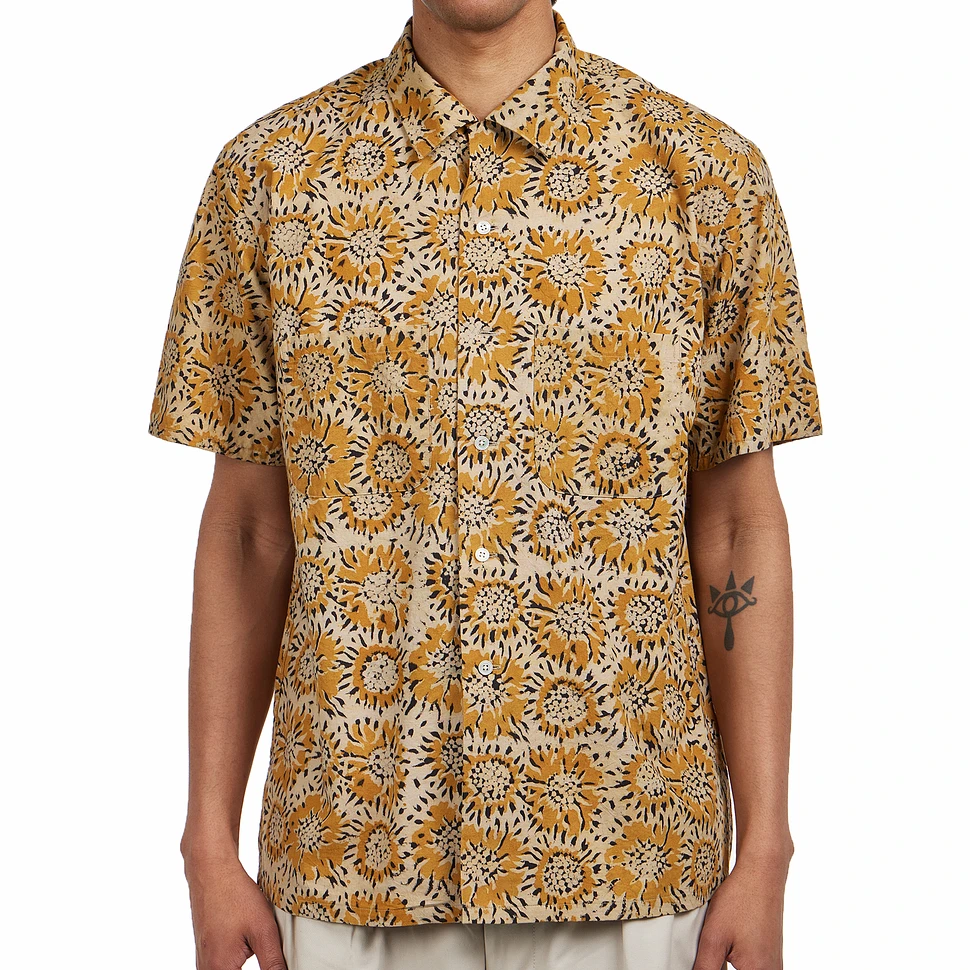 Beams Plus - Open Collar Block Print Sun Flower
