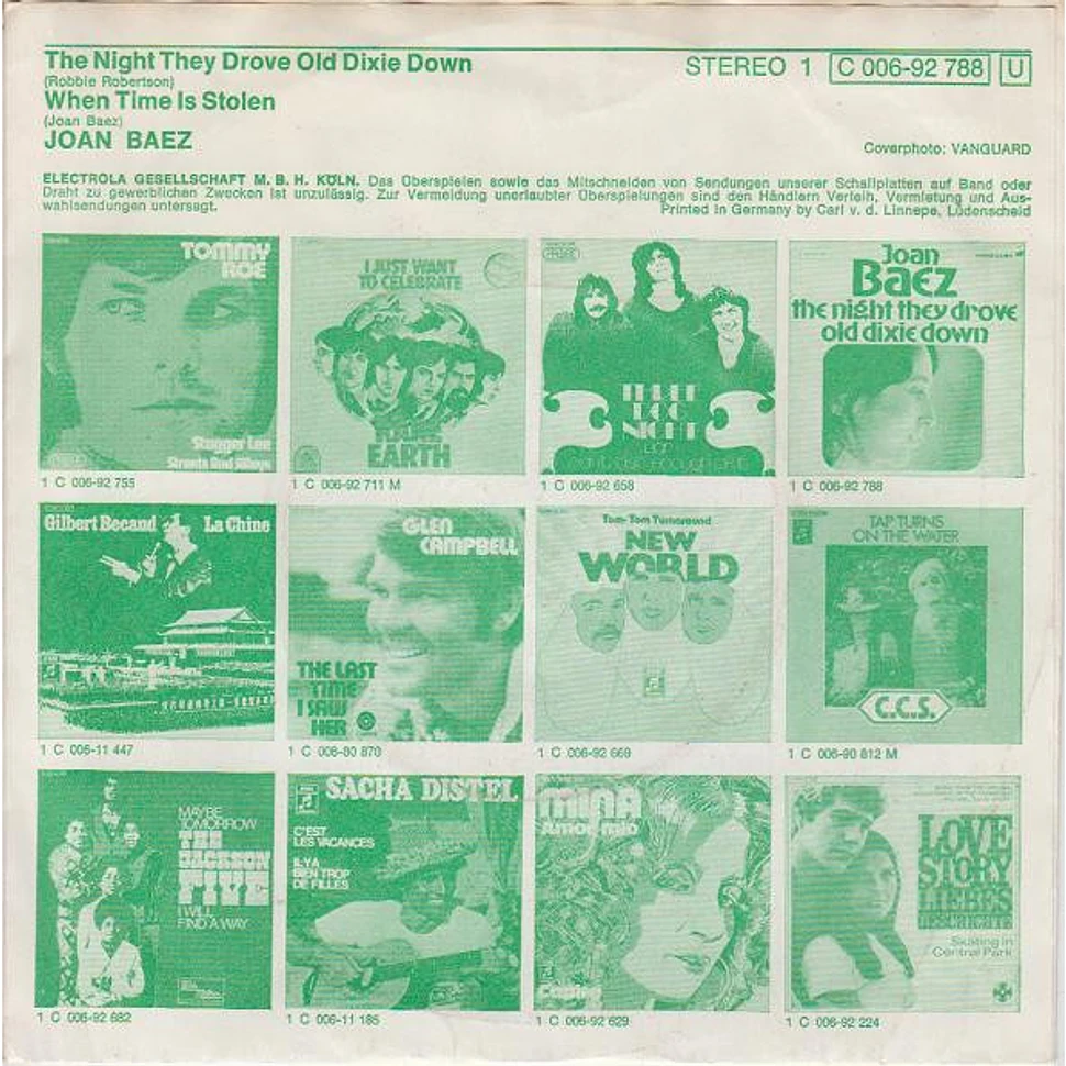Joan Baez - The Night They Drove Old Dixie Down - Vinyl 7" - 1971 - DE ...